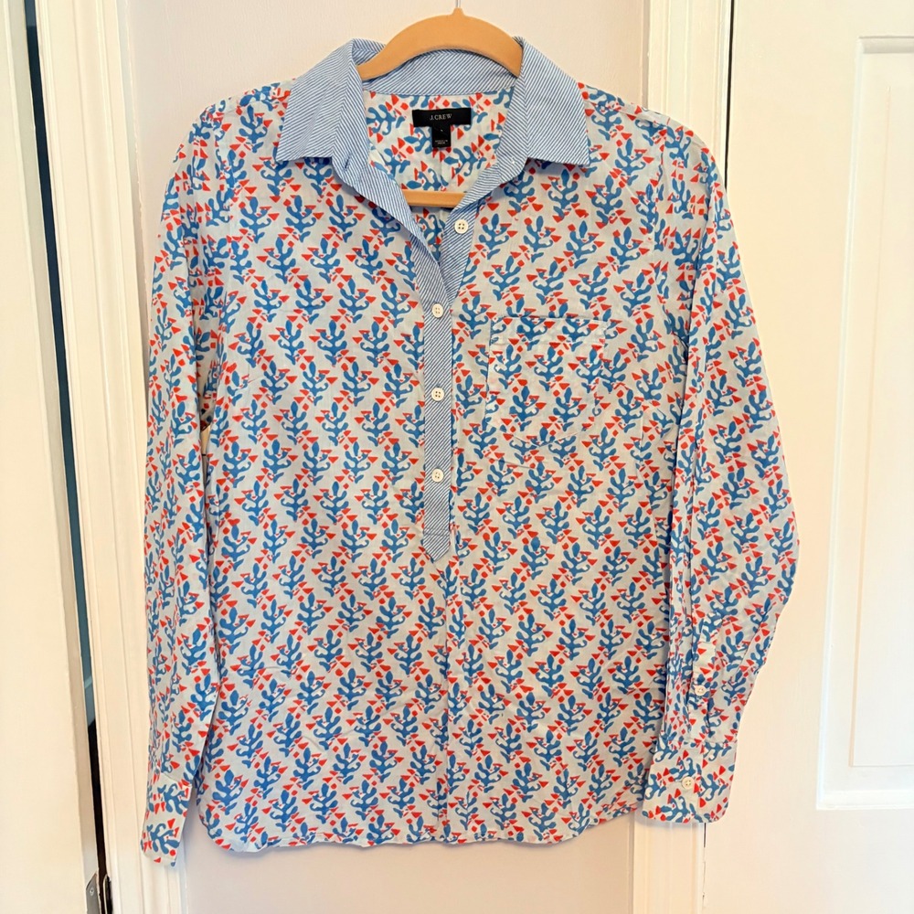 J.Crew Womens 2 Blue Orange Geometric Coral Print Cotton Popover Shirt
